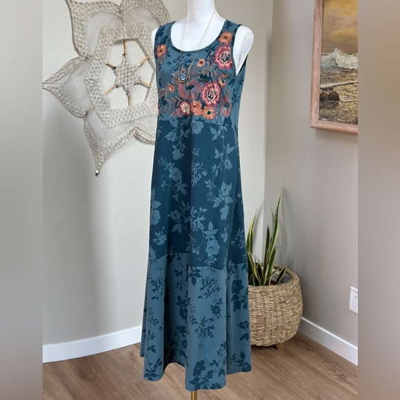 Boho Lagenlook Floral Embroidered Aqua Blue Maxi Dress SZ S - Picture 2 of 11